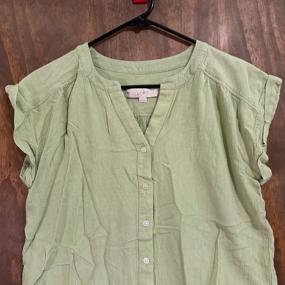 LOFT Womens Blouse Green Cap Sleeve Button Down V Neck Linen Blend XS